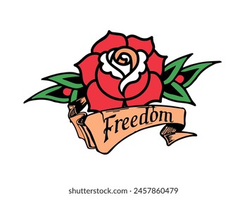 Rose tattoo stock vector. Rose tattoo with banner, old school. Sailor Sticker. Freedom tattoo. Traditional ink vector