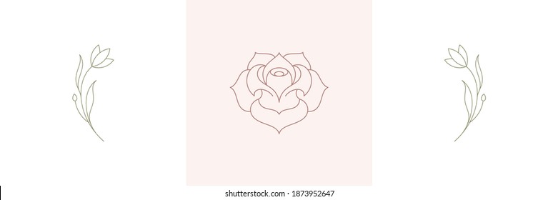 Rose tender natural blossom and twigs with blooming flower in boho linear style vector illustrations set. Bohemian emblems in golden lines feminine symbols for cosmetic design and gardering logo