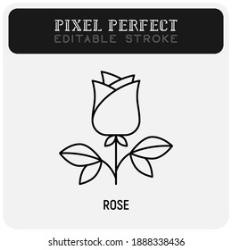 Rose dünne Linie Symbol, romantisches Geschenk am Valentinstag. Pixel perfekt, bearbeitbarer Strich. Vektorgrafik.