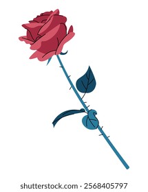 Rose with thorns in flat cartoon style. Beautiful flower on white background. Vector illustration for Valentine's day for cards, stickers, banners, etc.