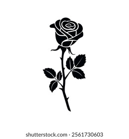 Rose with thorns silhouette black vector icon isolated on white. Simple flower stencil logo design. Template for laser cutting wall art.