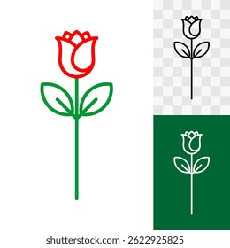 Rose or tulip flower logo icon. Editable stroke. Single flower with stem and leaves minimalistic illustration.