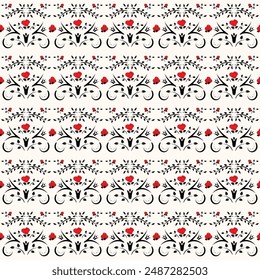 rose tulip leaf polka dot pattern digtal printing surface design black red white themed eps 10 vector