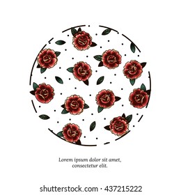 Rose and the twig in the style of Old school tattoo vector. Flowers in a circle to the Valentine's Day or wedding designs. Red roses for Fabric, bag, books.