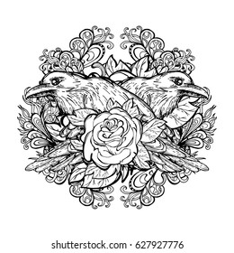 Rose with two ravens against a background of floral ornament. A unique tattoo. Printing on T-shirts, cover. Coloring for adults. Design element, poster, postcard. Vector illustration, emblem. Gothic.