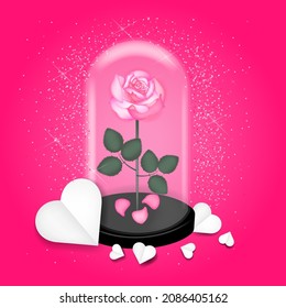 Rose under glass dome confetti paper heart-shaped elements on pink background Vector symbols of love for happy women mother Valentine's Day birthday greeting card design. Vector illustration