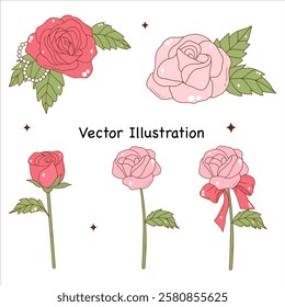 Rose Valentine's Day 90's Flowers Rose flowers for love Wedding flowers Vector Illustration