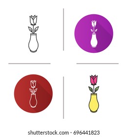Rose in vase icon. Flat design, linear and color styles. Isolated vector illustrations