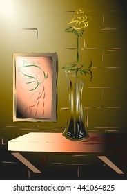 The rose in the vase on the table against a brick wall