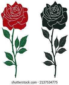 Rose vector with abstract branch and jagged leaves in red, dark green and black.
White isolated background.
Rose branch illustration with spikes in colored and black variation.