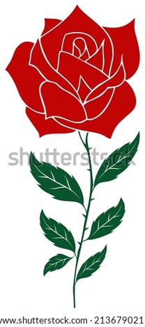 Rose vector with abstract branch and jagged leaves in red and dark green.
White isolated background.
Rose branch illustration with spikes.
