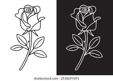 Uma ilustração de clip-art com vetor de rosa apresenta uma versão estilizada e simplificada de uma rosa, criada usando gráficos vetoriais para linhas e formas limpas e escalonáveis. Apresenta-se em cores preto e branco