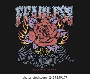 Rose vector design. Wild and free. Stay strong. Free soul. Rock and roll print design for t shirt and others. Rose fearless artwork. Music world tour.