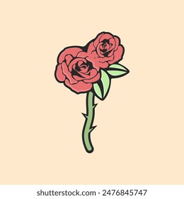 Rose vector icon. Decorative colored rose with leaves. Rose with thorns vector icon. Rose symbol for tattoo vector. Flower on a white background.
