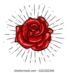 Rose. Vector illustration with a rose and divergent rays on white background. Used for poster, banner, web, t-shirt print, bag print, badges, flyer, logo design and more.