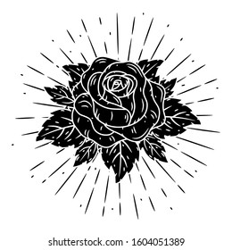 Rose. Vector illustration with a rose and divergent rays on white background. Used for poster, banner, web, t-shirt print, bag print, badges, flyer, logo design and more.