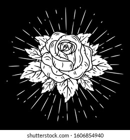 Rose. Vector illustration with a rose and divergent rays on white background. Used for poster, banner, web, t-shirt print, bag print, badges, flyer, logo design and more.