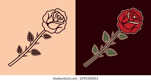Rose vector illustration with elegant linework and gothic aesthetics in two style. Perfect for vintage, minimal, and ornamental designs, stickers, patterns, and modern ink art