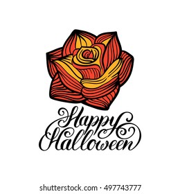 Rose vector illustration with Happy Halloween lettering. All Saints' Eve background. Festive logo design.