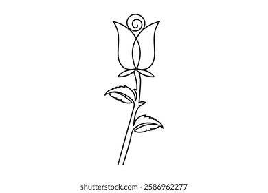 Rose vector illustration on white background with leaves colorless black and white
 contour line easy drawing for love greeting