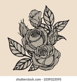 Rose vector lace by hand drawing.Beautiful flower on brown background.Rose lace art highly detailed in line art style.Flower tattoo on vintage paper.