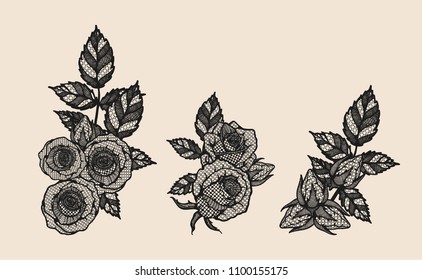 Rose vector lace by hand drawing.Beautiful flower on brown background.Rose lace art highly detailed in line art style.Flower tattoo on vintage paper.