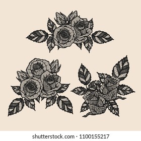 Rose vector lace by hand drawing.Beautiful flower on brown background.Rose lace art highly detailed in line art style.Flower tattoo on vintage paper.