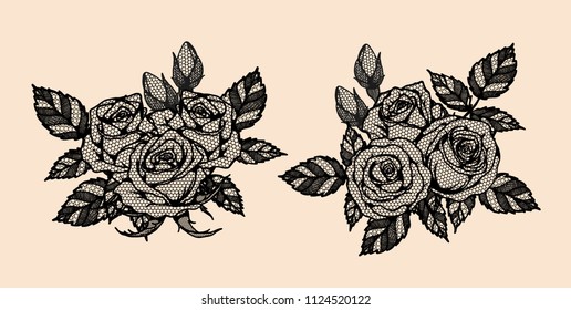 Rose vector lace by hand drawing.Beautiful flower on brown background.Rose lace art highly detailed in line art style.Flower tattoo on vintage paper.