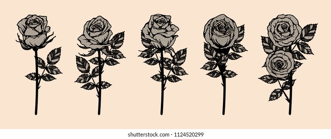 Rose vector lace by hand drawing.Beautiful flower on brown background.Rose lace art highly detailed in line art style.Flower tattoo on vintage paper.
