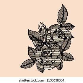Rose vector lace by hand drawing.Beautiful flower on brown background.Rose lace art highly detailed in line art style.Flower tattoo on vintage paper.