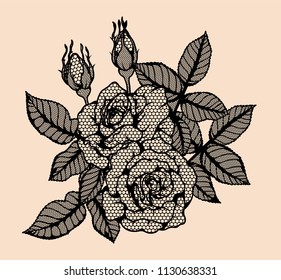 Rose vector lace by hand drawing.Beautiful flower on brown background.Rose lace art highly detailed in line art style.Flower tattoo on vintage paper.