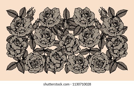 Rose vector lace by hand drawing.Beautiful flower on brown background.Rose lace art highly detailed in line art style.Flower tattoo on vintage paper.
