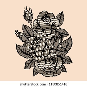 Rose vector lace by hand drawing.Beautiful flower on brown background.Rose lace art highly detailed in line art style.Flower tattoo on vintage paper.
