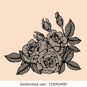Rose vector lace by hand drawing.Beautiful flower on brown background.Rose lace art highly detailed in line art style.Flower tattoo on vintage paper.
