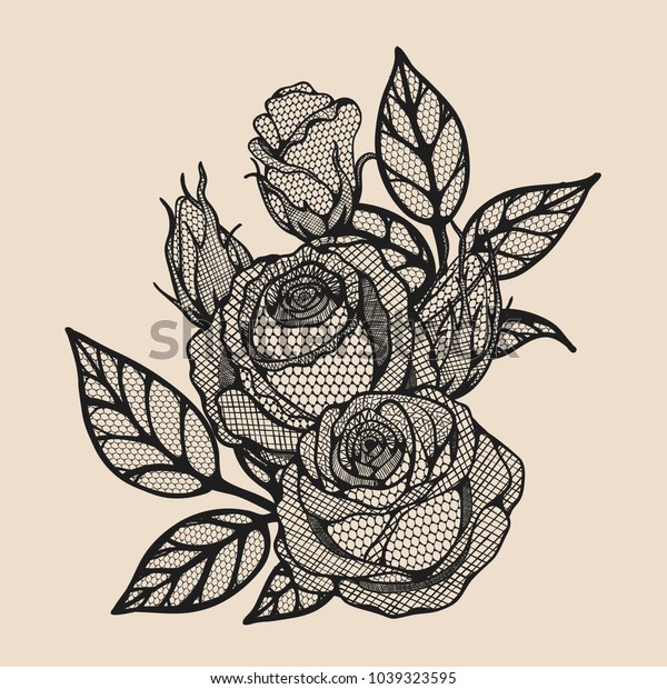 茶色の背景にバラのベクターレース 美しい花 ラインアートスタイルのバラのレースアート ビンテージ紙の花のタトゥー のベクター画像素材 ロイヤリティフリー