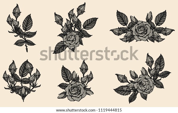 茶色の背景にバラのベクターレース 美しい花 ラインアートスタイルのバラのレースアート ビンテージ紙の花のタトゥー のベクター画像素材 ロイヤリティ フリー