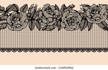 Rose vector lace seamless pattern by hand drawing.Beautiful flower on brown background.Rose lace art highly detailed in line art style.Flower tattoo on vintage paper.