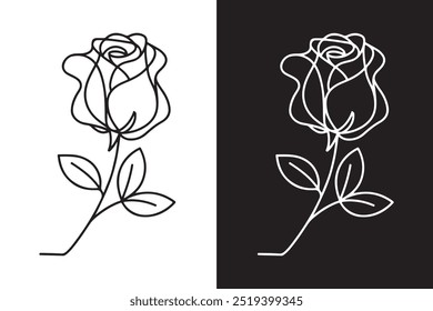 Eine Rose-Vektorgrafik zeigt typischerweise eine stilisierte, vereinfachte Version einer Rose, die mithilfe von Vektorgrafiken für saubere, skalierbare Linien, Formen und Blätter erstellt wurde.