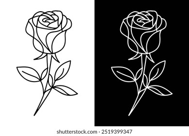 A rose vector line art illustration typically features a stylized, simplified version of a rose, created using vector graphics for clean, scalable lines, shapes and leaves.