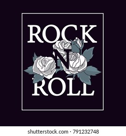 Rose vector print with text.Rock and Roll.