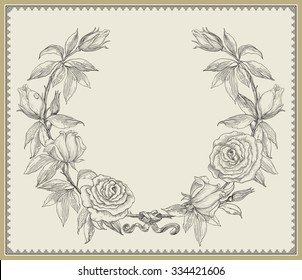 Rose Vintage Wreath. Vector Floral Circle Border. Hand Draw At At Engraving Style.
