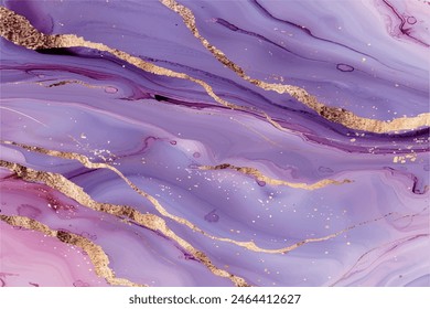 Rose violet liquid marble or watercolor background with gold lines. Purple marbled alcohol ink drawing effect. Vector illustration design template for banner, cover, template, Poster, wedding. 