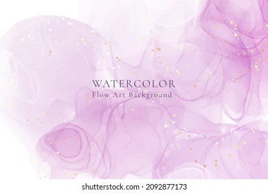 Rose violet liquid watercolor background with golden dots. Dusty purple blush marble alcohol ink drawing effect. Vector illustration design template for wedding invitation, menu, rsvp.