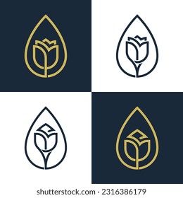 Rose Water Drop Flower Floral Logo Concept sign icon symbol Element Design. Cosmetics, Jewellery, Jewelry, Beauty, Beauty salon, Boutique, Spa, Tulip Logotype. Vector illustration template