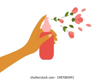 Rose water, flower hydrolat, perfume, natural cosmetics. Female hand holding aerosol dispenser spraying by petals, buds, leaves. Nature aroma fragrance. Body beauty care. Freshness vector illustration