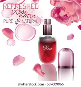 Rose water spray bottle with an open lid and pink flowers on a white background. Premium cosmetic or perfumery ad concept. Vector illustration.
