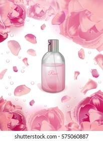 Rose water spray bottle and pink flowers on a white background. Premium cosmetic or perfumery ad concept. Vector illustration.