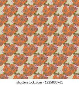 Rose watercolor flower illustration. Vector seamless pattern of stylized orange, yellow and pink roses.