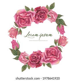 Rose watercolor frame. Floral wreath vector illustration.