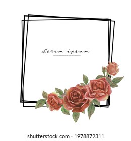 Rose watercolor frame. Floral wreath vector illustration.